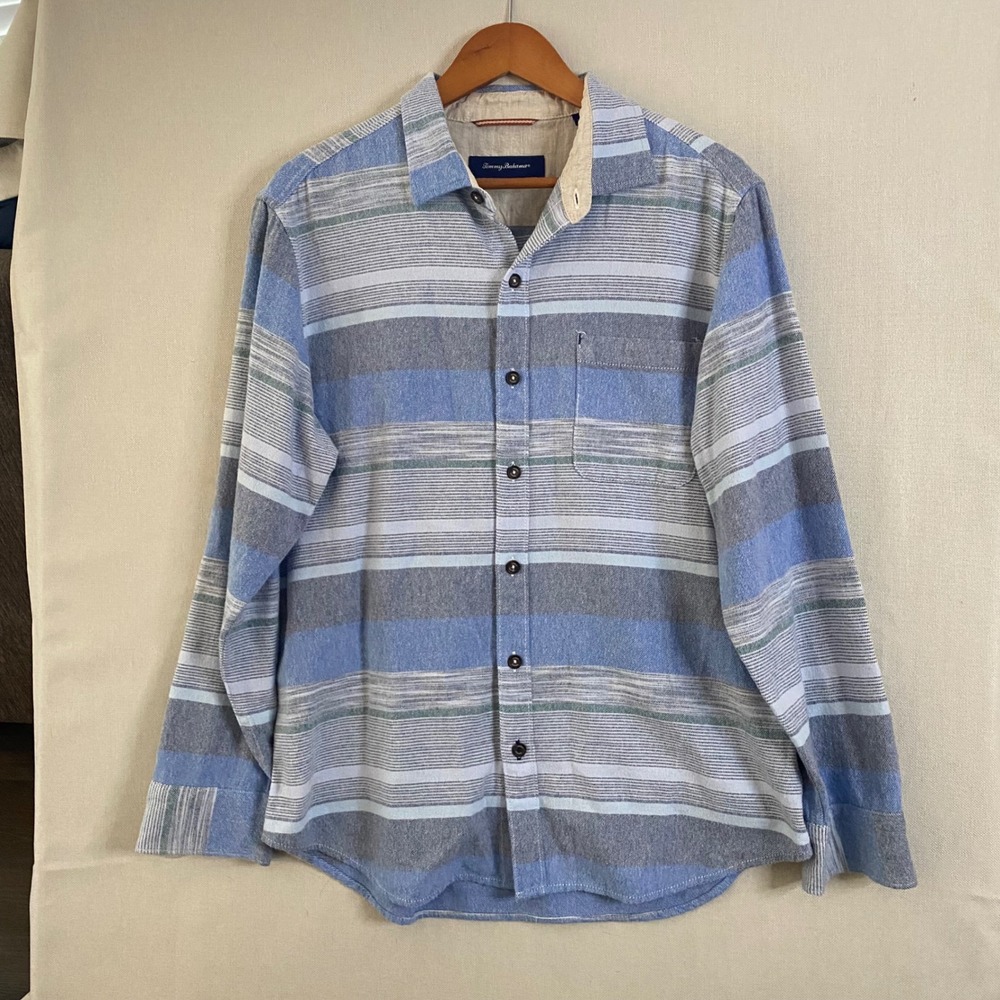Tommy Bahama Mens Blue Grey Striped Cotton Button‎ Down Shirt L Coastal Flannel